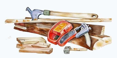 Watercolor tools and wood concept for carpentry and craft design. National Woodworking Month