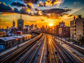 Fototapeta premium Silhouette of Long Island Railroad Atlantic Yard & Atlantic Avenue at Sunset
