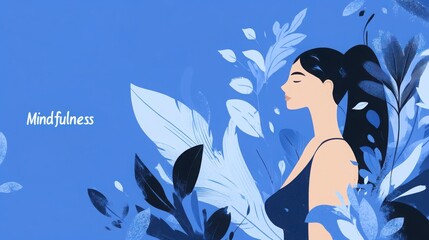 Mindfulness meditation concept: a serene woman, flat vector design. Abstract blue background and decorative leaves and flowers, digital illustration art.Text space.