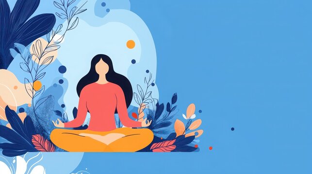 Mindfulness meditation concept: a serene woman, flat vector design. Abstract blue background and decorative leaves and flowers, digital illustration art.Text space.