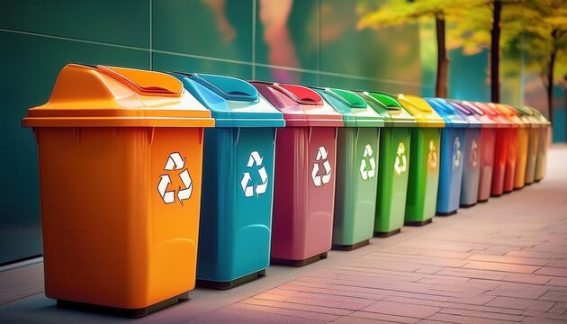 Colorful bins display waste sorting principles while celebrating Earth Day and sustainability.