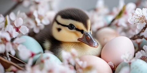 Adorable duckling nestled among colorful easter eggs and cherry blossoms. Orthodox Easter Monday
