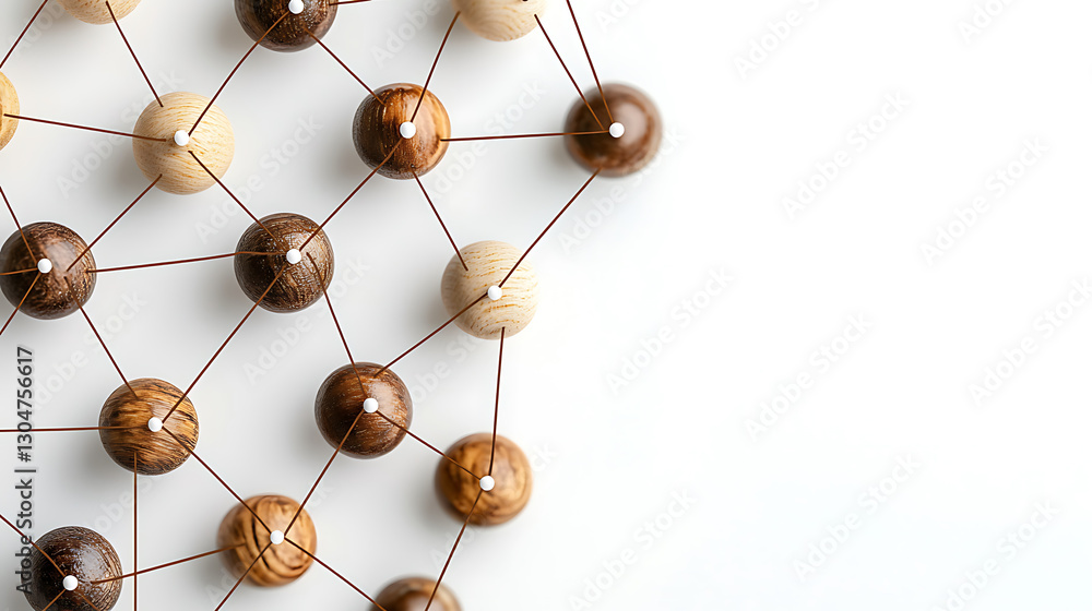 Wall mural connected wooden spheres create network pattern on white background, symbolizing unity and collabora