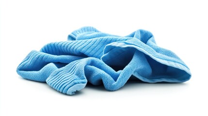 Crumpled, light-blue towel, isolated on white background.