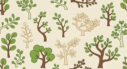 Tree Illustration Pattern with Green Leaves and Brown Branches Repeating Seamlessly