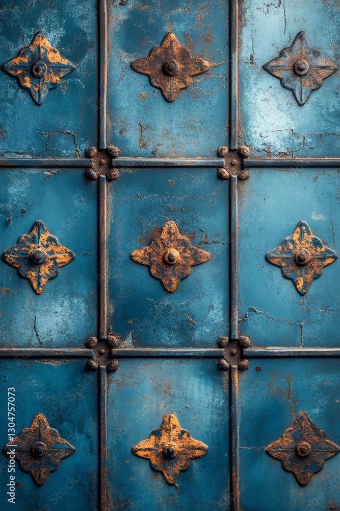 Poster weathered blue metal surface with decorative rusty elements forming a repeating pattern