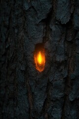Glowing amber light emerges from dark tree bark, creating mystic