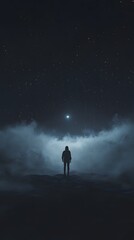 A solitary figure stands in the dark, misty landscape under a starry sky.