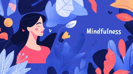 Mindfulness meditation concept: a serene woman, flat vector design. Abstract blue background and decorative leaves and flowers, digital illustration art.Text space.