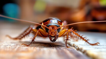 Fototapeta premium Close-up of a cockroach on wooden surface for entomology study or pest control. National Pest Management Month