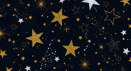 Glittering Starry Sky Background with Gold and Silver Constellations Illustration
