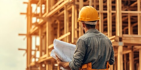 Worker wearing a hard hat studies construction blueprints while overseeing the development of a wooden structure in the evening light