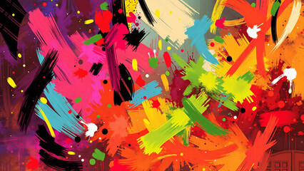 A bold abstract background with vivid brushstrokes in a mix of bright colors, creating a lively and expressive composition. Ideal for energetic and creative designs.