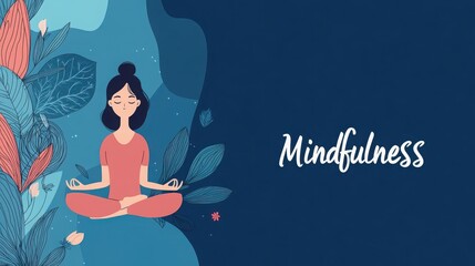 Mindfulness meditation concept: a serene woman, flat vector design. Abstract blue background and decorative leaves and flowers, digital illustration art.Text space.