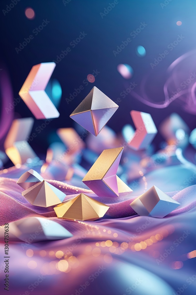 Poster colorful geometric shapes float above a textured surface illuminated by soft lighting in a creative 
