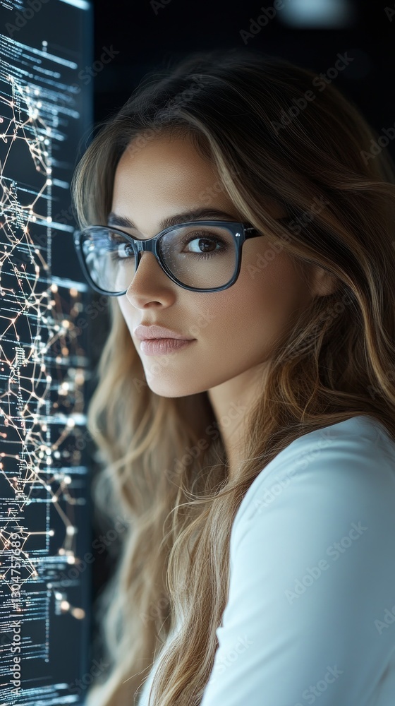 Poster a skilled analyst with long hair and glasses is deeply engaged with large datasets, carefully evalua