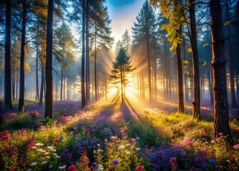 Silhouette of Trees in a Dreamy Sunlit Forest with Delicate Wildflowers