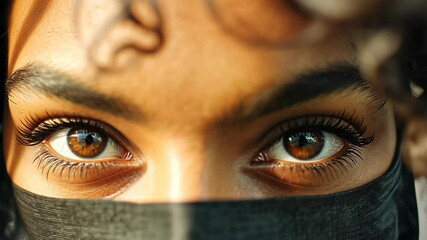Mysterious woman with striking eyes wearing a face covering. High quality 4k footage