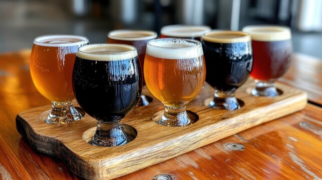 Variety of craft beers in tasting glasses on wooden tray at brewery. National Rotate Your Beer Day - Powered by Adobe
