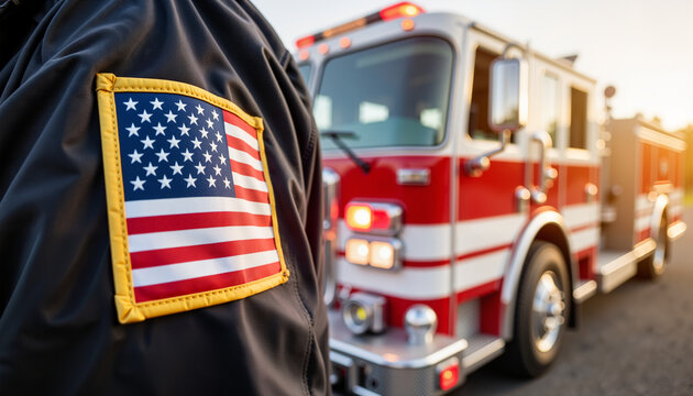 Focused firefighter showing American flag on uniform, emergency response