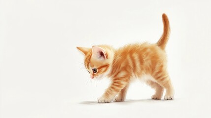Adorable ginger kitten exploring, looking down.