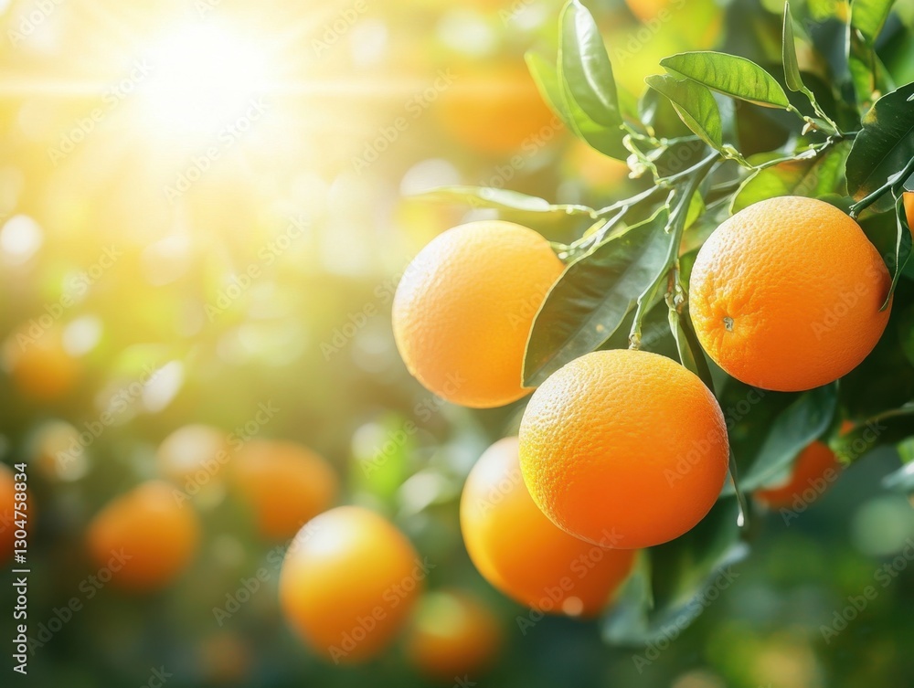 Poster ripe oranges hanging on a branch in a sunny orchard, vibrant colors and bokeh background creating a 