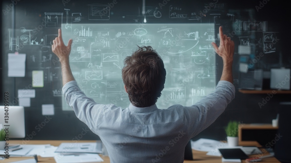 Poster person gesturing towards a digital display filled with data and charts in an office setting.