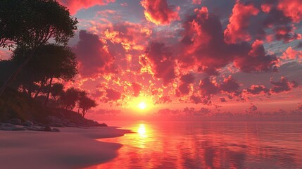 Naklejka premium Tropical beach sunset, vibrant colors, calm ocean. Possible use Background for travel advertisement