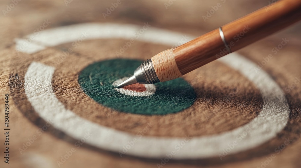Poster goals and progress tracking concept, focused point on a target with a pencil drawing a circle.