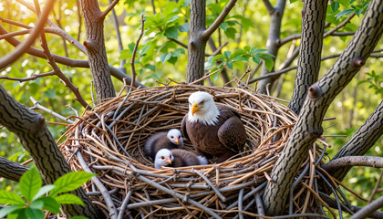 Bald Eagle nurturing eaglets in springtime treetop nest, wildlife harmony