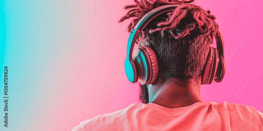 Aufkleber a developer sits at a computer, deeply immersed in coding, wearing headphones in a brightly colored 