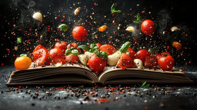 Fresh tomatoes, herbs, and garlic explode from an open cookbook. Kitchen still life.  Possible use Food photography, cookbook cover