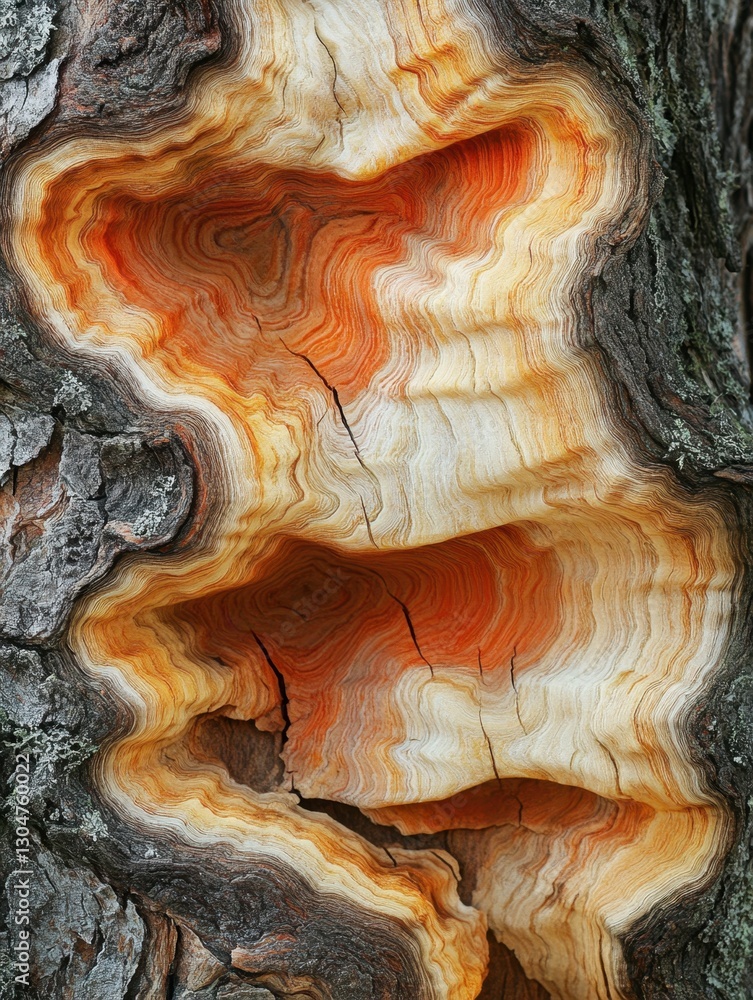 Poster striking close up of tree trunk with unique orange and cream patterns creating a natural abstract de