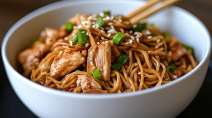 Delicious teriyaki chicken noodles with green onions and sesame seeds
