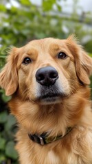 Obraz premium Golden retriever dog with fluffy fur in natural setting with green foliage. National Purebred Dog Day. The Farmer's Dog