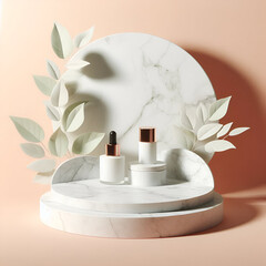 3d Minimal terrazzo white podium display with leaf shadow for cosmetic product presentation, Modern terrazzo pedestal or platform background