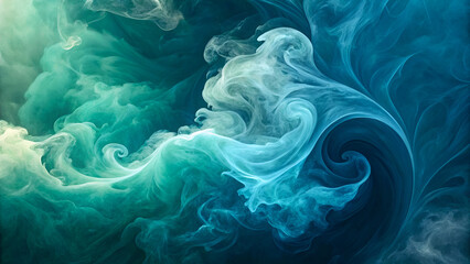 A mesmerizing abstract digital art piece featuring swirling blue-green smoke-like patterns, creating a fluid and dreamy effect.