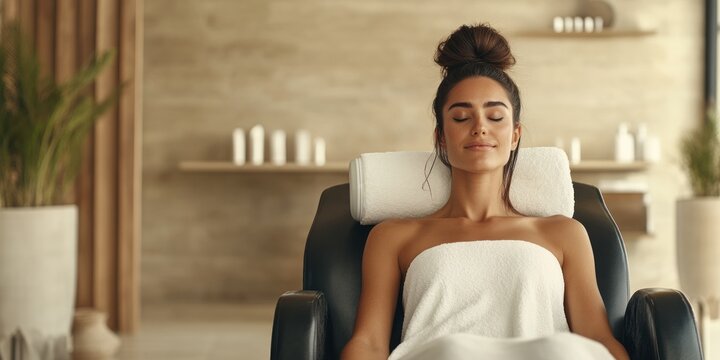 A skilled hair stylist is blow drying a client's hair in a contemporary salon. The atmosphere is relaxed, with soothing colors and stylish decor