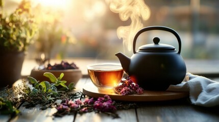Fototapeta premium Steaming black teapot and herbal tea in sunlit garden