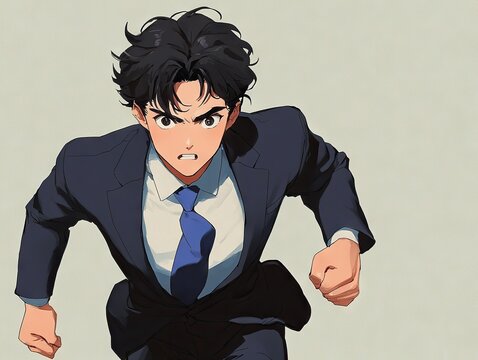 Dynamic businessman in stylish anime attire urban setting action scene vibrant mood