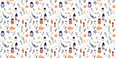 Seamless floral and herbal pattern with essential oil bottles and citrus elements designed for various backgrounds. Aromatherapy Pattern