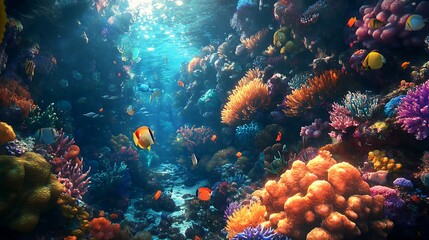 Obraz premium Vibrant coral reef teeming with colorful fish and diverse marine life under sunlit ocean water. (1)