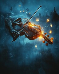 Fototapeta premium Eerie violin music in a ghostly landscape.