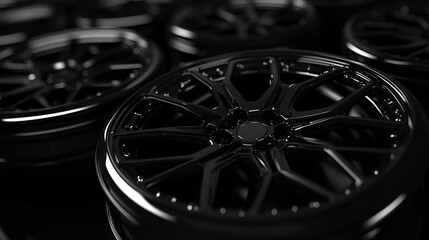 Obraz premium Tech-designed black aluminum wheels: stylish accessories for business and travel services. 