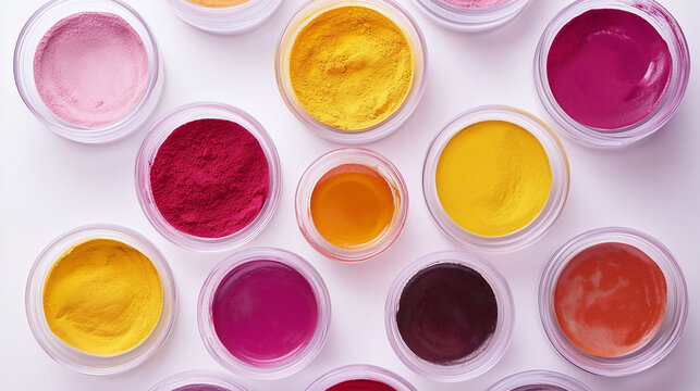 Colorful powder in circular containers, used for art and crafting.
