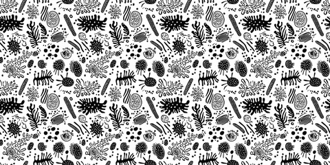 Black and white seamless pattern featuring a variety of plants and abstract shapes for versatile design uses. Bacteria Pattern