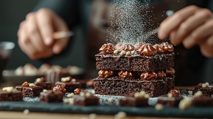 Chef decorating chocolate brownies with powdered sugar