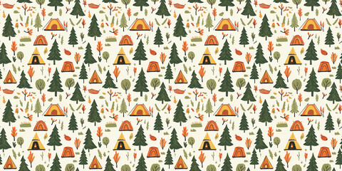 Vibrant seamless camping pattern featuring tents, trees, and wildlife in a nature-inspired design. Camping Pattern