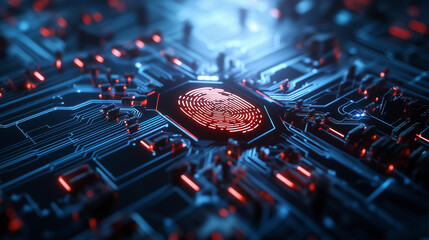Close-up of a futuristic biometric scan, with a highly detailed fingerprint pattern glowing over a neon-blue circuit board. Security verification HUD and AI-driven access control a