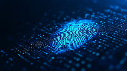 Tech-inspired digital fingerprint scan, integrated with a blue electronic motherboard. Advanced biometric security interface displays cyber protection data and access confirmation